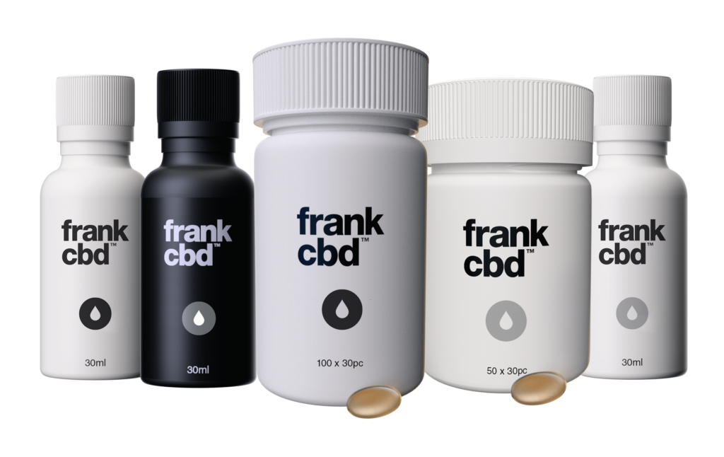 Five plastic bottles of assorted frank cbd products