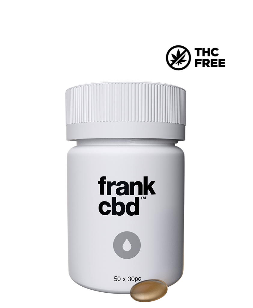 White plastic bottle labelled frank cbd 50 x 30pc. THC Free.