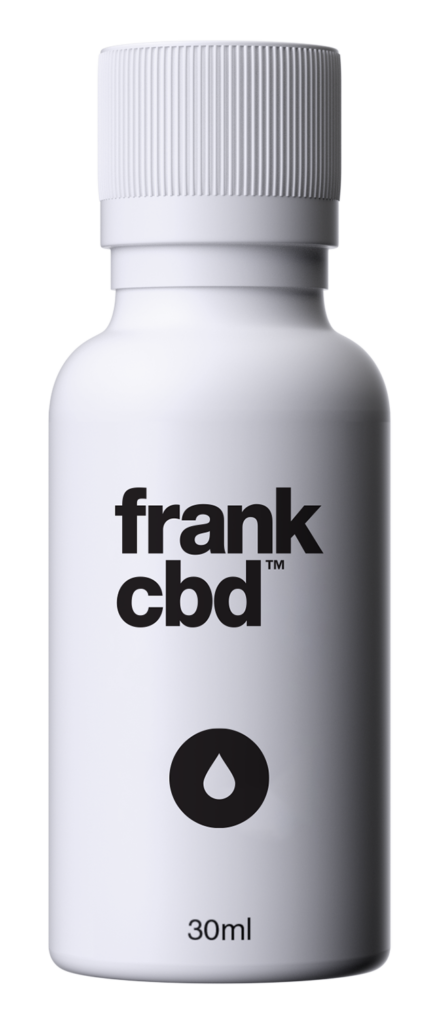 White plastic bottle labelled frank cbd 30ml. 