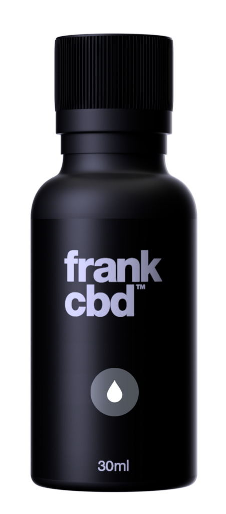 Black plastic bottle labelled frank cbd 30ml. 
