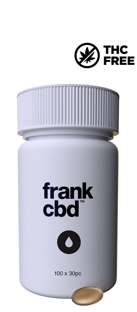 White plastic bottle labelled frank cbd 100 x 30pc