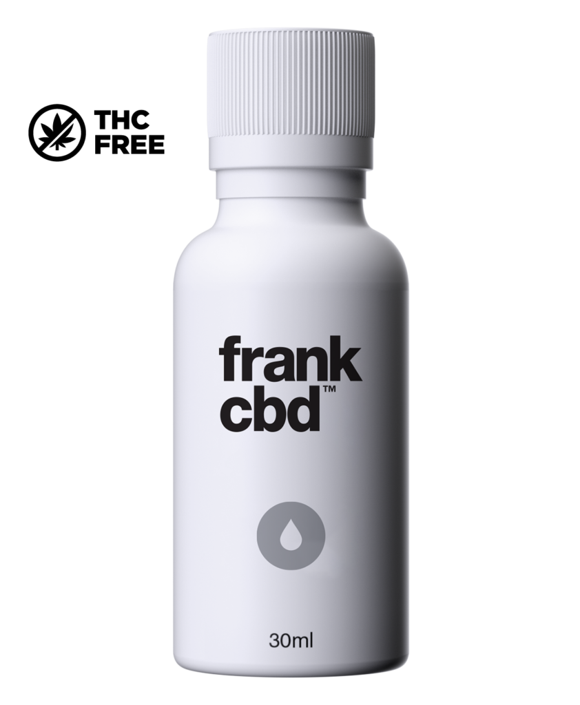 White plastic bottle labelled frank cbd 30ml. THC Free.