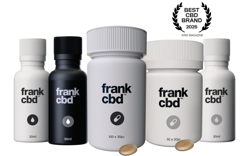 Product image of five bottles. Award reads Best CBD brand 2025, Kind Magazine. 