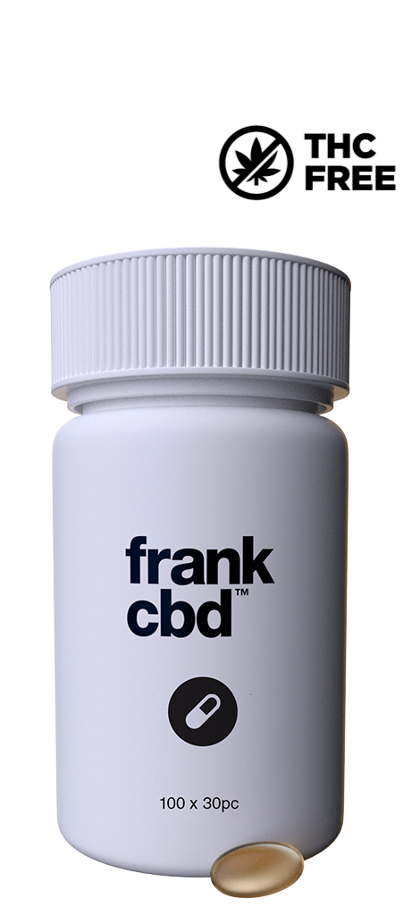 White plastic bottle. frank cbd 100 x 30pc. THC Free.